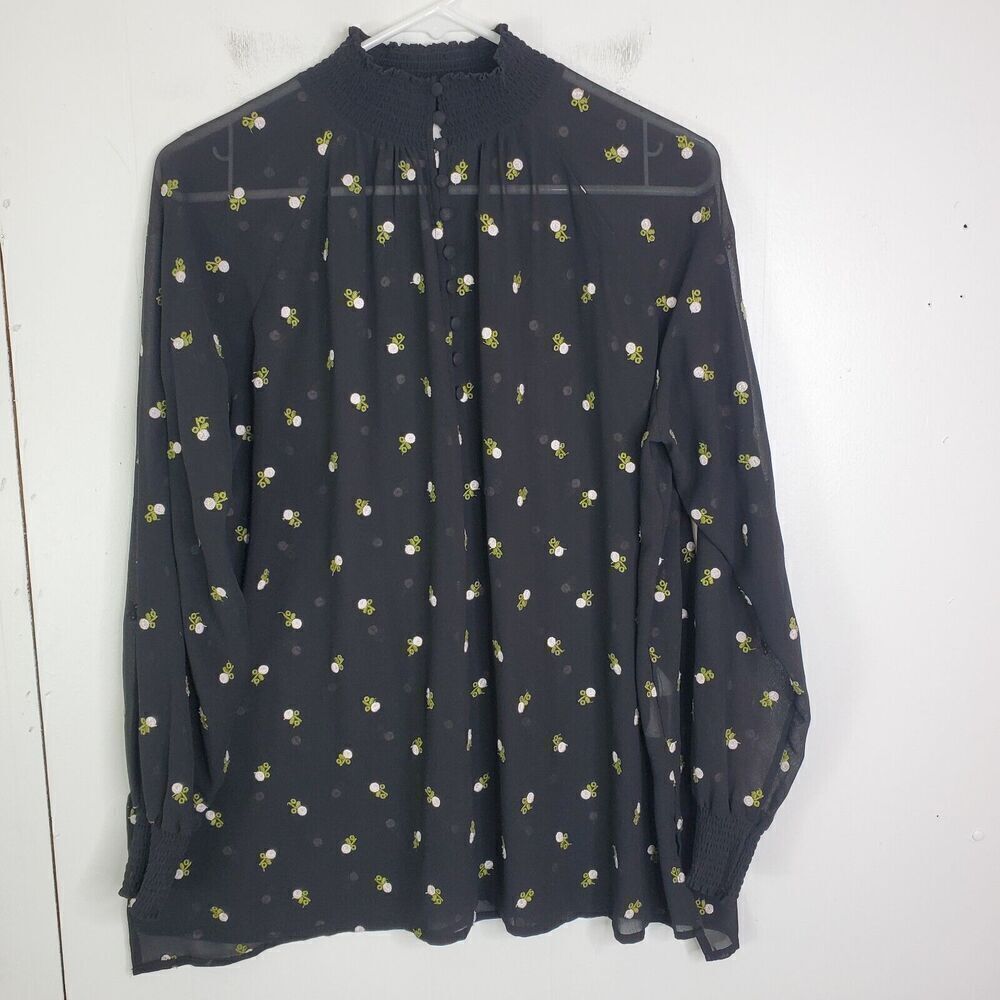CAbi Blouse Womens S Embroidered Contrast Florals Smocked High Neck Dark Sheer